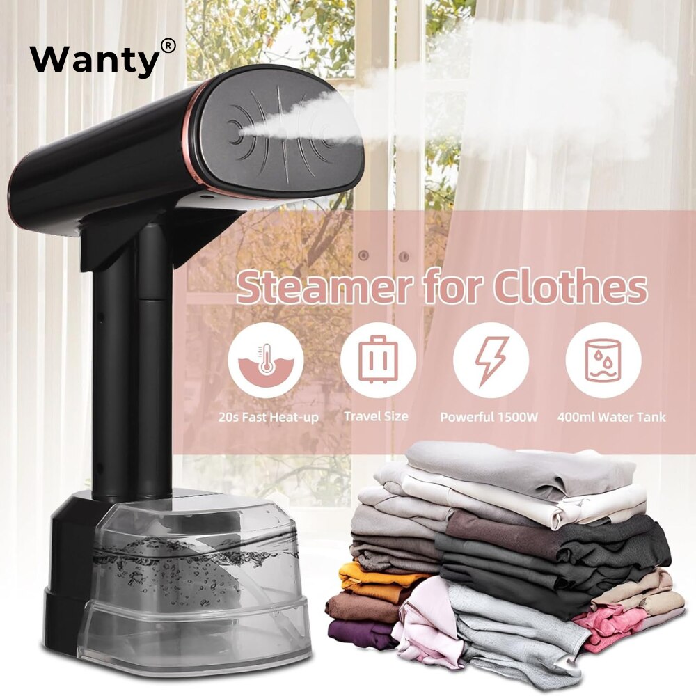 Fier de calcat Vertical cu Abur Wanty®, Display LCD, 1500W, 20s Timp de incalzire, Debit de abur 24 g/min, Doua moduri de temperatura 130°C si 150°C, Rezervor de 400 ml, Perie, Manusa protectie si Bila Anti-incalcire rufe incluse, Sac de depozitare, Alb