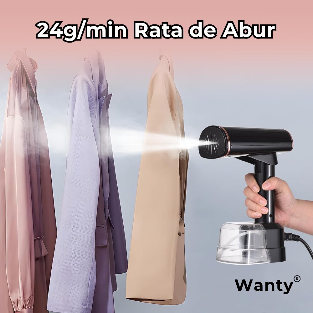 Fier de calcat Vertical cu Abur Wanty®, Display LCD, 1500W, 20s Timp de incalzire, Debit de abur 24 g/min, Doua moduri de temperatura 130°C si 150°C, Rezervor de 400 ml, Perie, Manusa protectie si Bila Anti-incalcire rufe incluse, Sac de depozitare, Alb