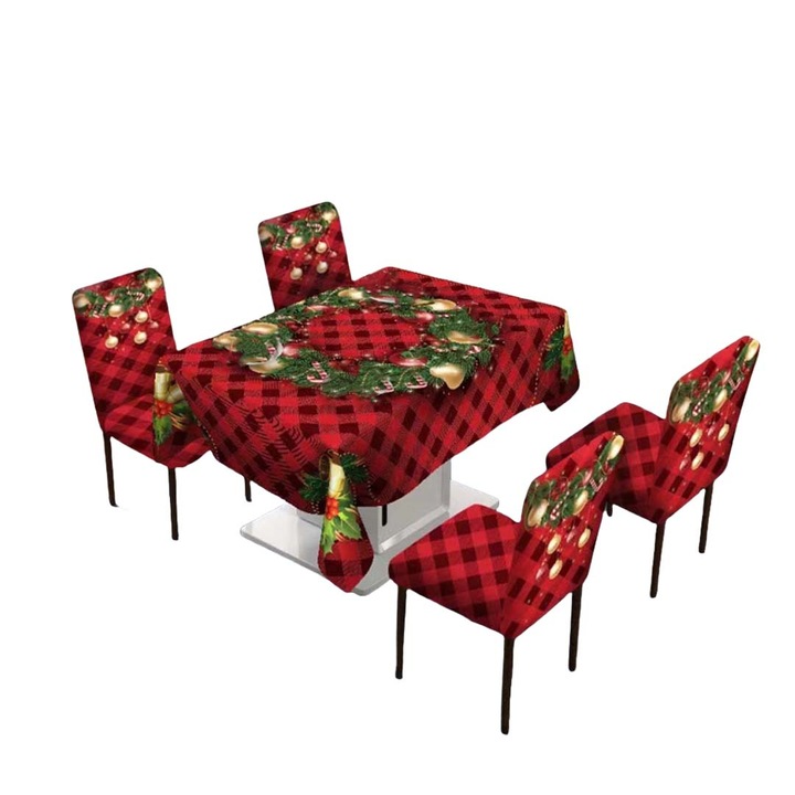 Set Fata de masa si 4 huse de scaun, model Craciun, poliester, 6220-37/39, rosu, 140 x 180 cm