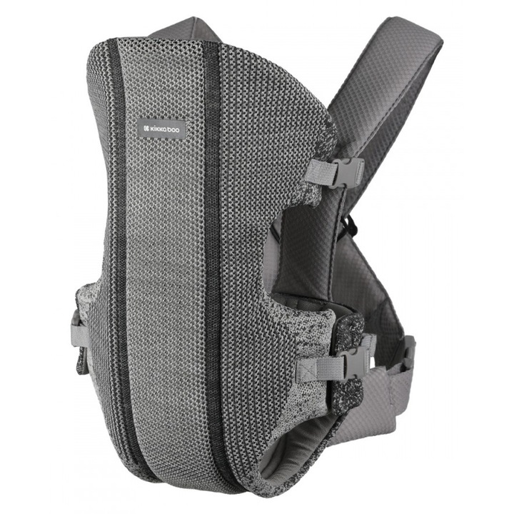 Marsupiu ergonomic pentru bebelusi KikkaBoo Gwen Fly tricot DeLux Gri de la 3luni,3 pozitii de transport, baveta moale detasabila, bretele reglabile cu mecanism de blocare transversala