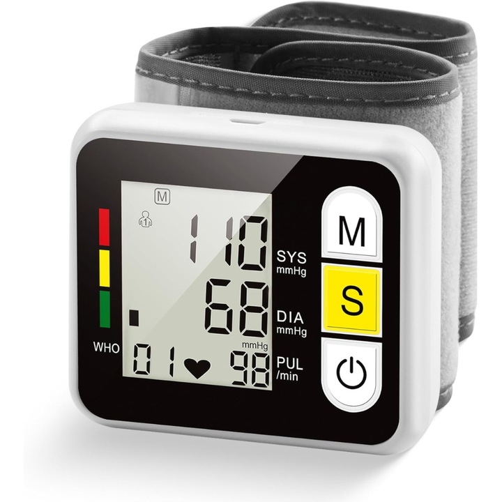 Tensiometru de Incheietura Velixo®, Afisaj LED cu Caractere Mari, Auto-Masurare, Detectare Puls Neregulat, Validat Clinic, Oscilometric, Memorie pentru Ultima Valoare Masurata, Manseta Reglabila, Portabil, Multicolor