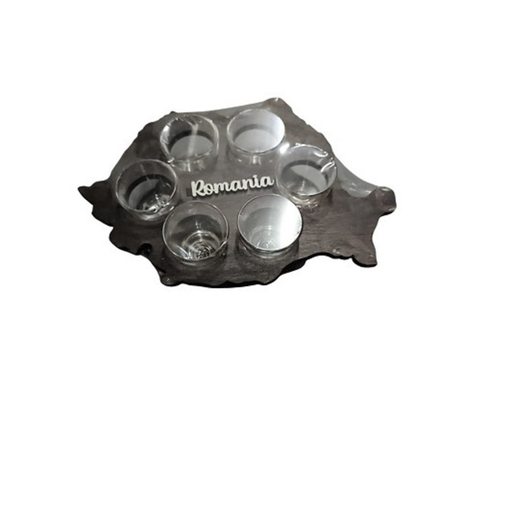 Térkép alakú fából készült tartó 6 db 30 ml-es, 24x7, 5x17, 5 cm-es alkoholos pohárral, ES 16803