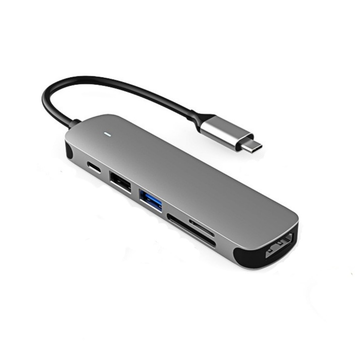Докинг станция USB-C 6 в 1, 4K HDMI, 2x USB, SD/Micro SD четец, сив металик, 158x76x30mm