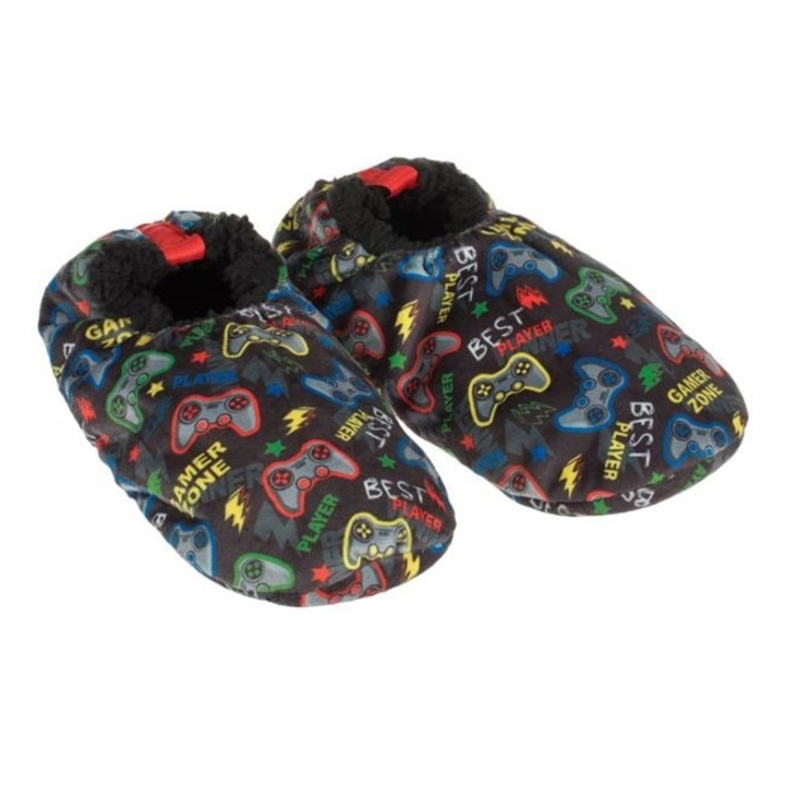 Botosi de casa Antbro® pentru copii, negri cu model gaming, imitatie de blana si talpa antiderapanta cu pernite de silicon, Multicolor