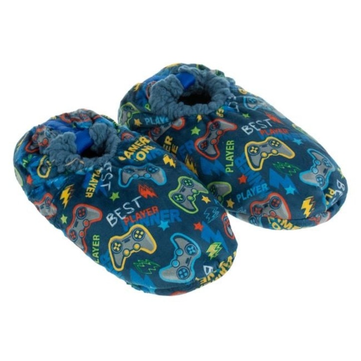 Botosi de casa Antbro® pentru copii, albastri cu imitatie de blana si talpa antiderapanta cu pernite de silicon, Albastru