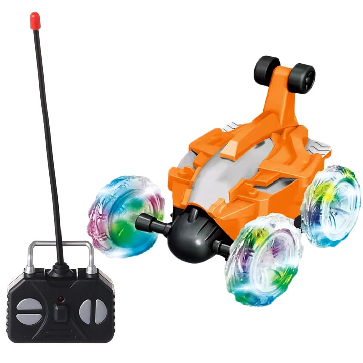 Masinuta R/C cu telecomanda Speed Stunt Car 5 Roti pentru Acrobatii, Rotatie 360 si Rasturnari de 180 grade, Rapida Lumini Led, Portocaliu SprintMag®