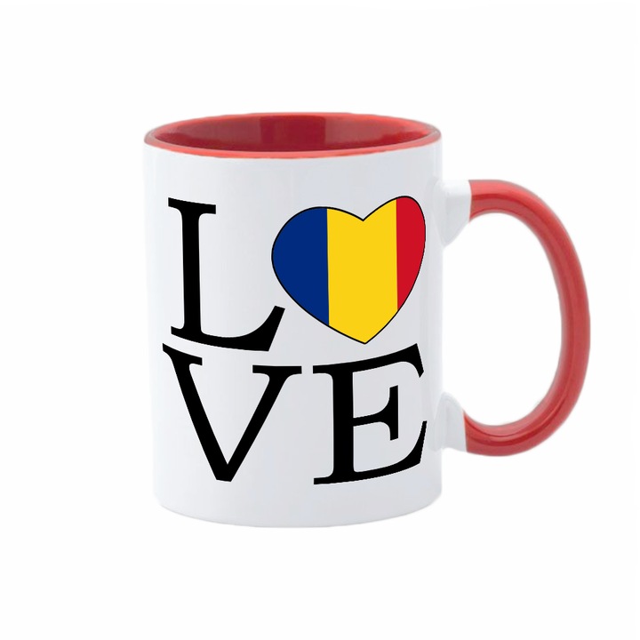 Cana personalizata, alba cu interior si maner rosu, 350ml, Colectia Cana Romania, Model 4
