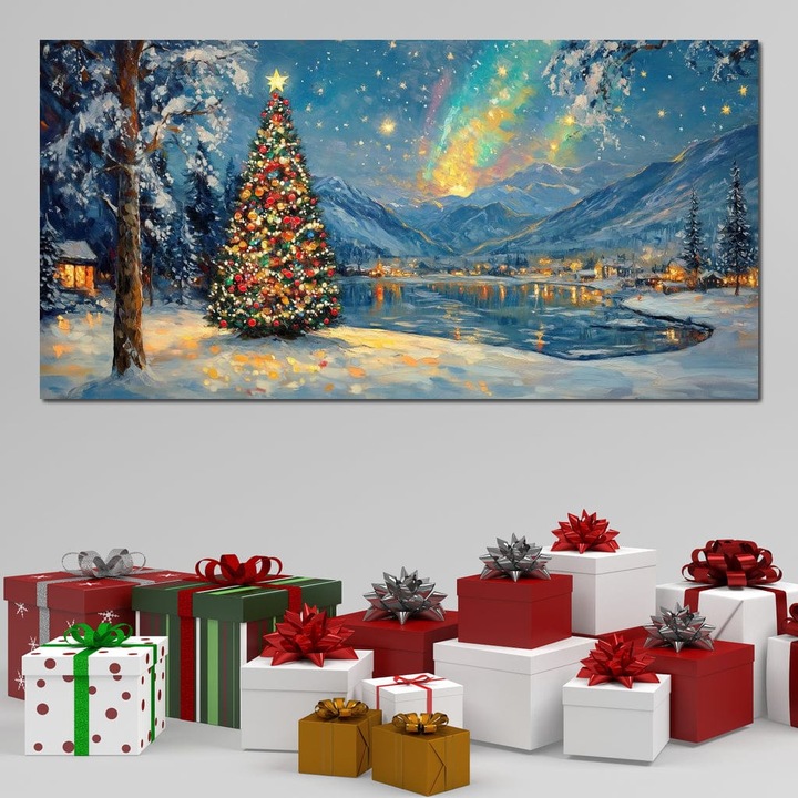 Картина на платно, LuxCanva® D1018, Магическите светлини на Коледа, 70 X 140 CM, 100% памучно платно 400g/m2, дървена рамка, ела, смърч, лак, село, блясък, всекидневна, живи цветове