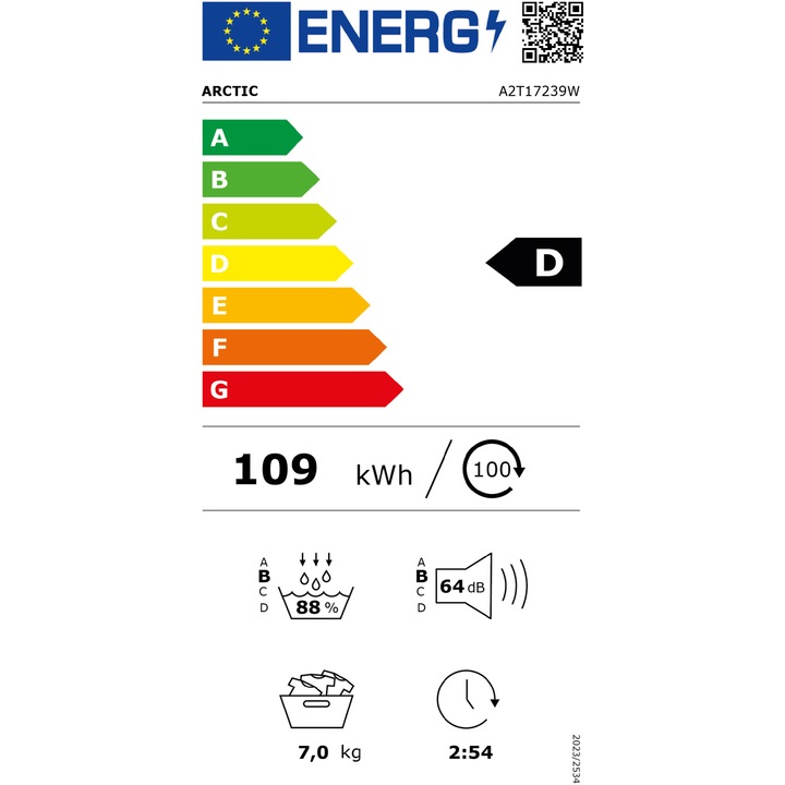 Uscator de rufe Arctic A2T17239W,Pompa de caldura, 7 kg, 15 programe, Clasa D, Aqua Surf, Alb