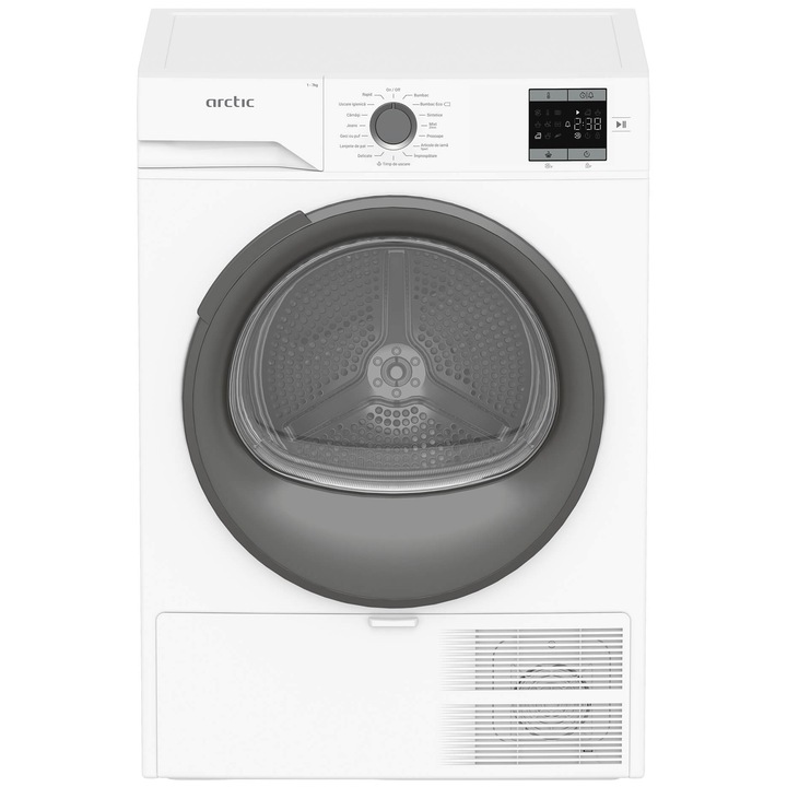 Uscator de rufe Arctic A2T17239W,Pompa de caldura, 7 kg, 15 programe, Clasa D, Aqua Surf, Alb