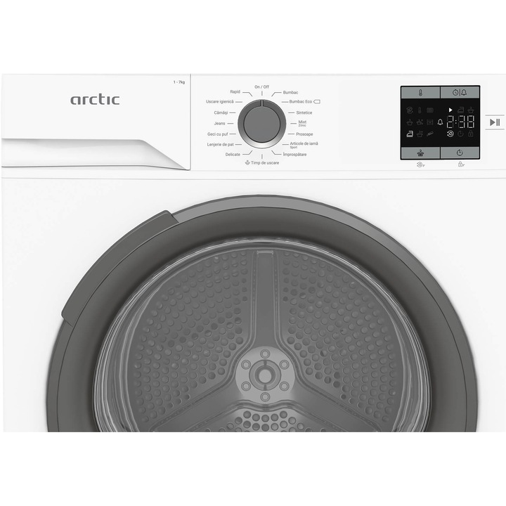 Uscator de rufe Arctic A2T17239W,Pompa de caldura, 7 kg, 15 programe, Clasa D, Aqua Surf, Alb
