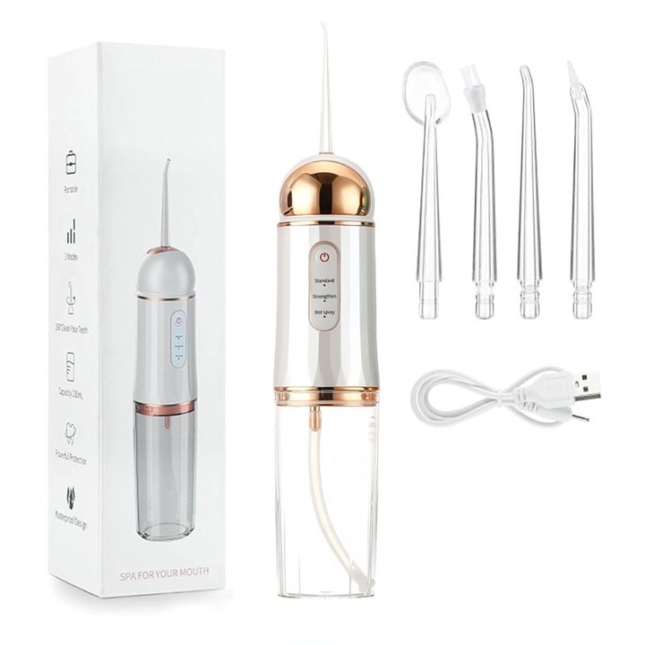 Professzionális elektromos szájzuhany, szájöblítő, szájtisztító, vezeték nélküli, hordozható, 3 üzemmód, 4 fúvóka, 1200mAh, 230ml, fehér
