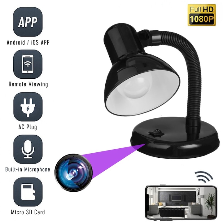Camera Spion VEIOZA-W Ascunsa in Lampa, WIFI, Full HD, Inregistrare Audio-Video, Detectia miscarii, cu Card Micro SD de 32GB Inclus si Aplicatie Live