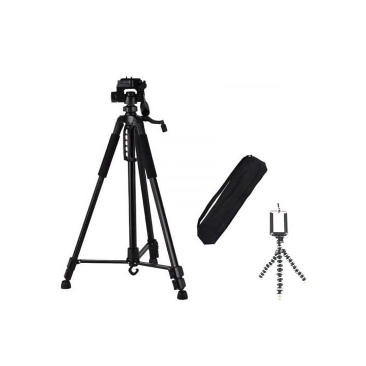 Set trepied foto pentru camere 168 cm, filet universal 1/4 + mini trepied flexibil cu suport pentru telefon, Dactylion®