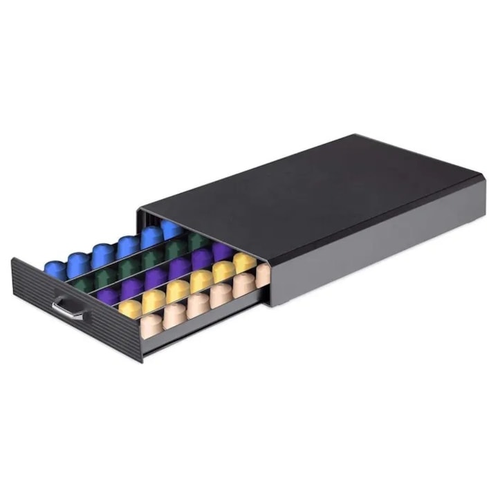 Suport 50 capsule cafea Nespresso Original, Lavazza, Tchibo Cafissimo, pentru organizare, tip sertar 40 x 24 x 6 cm, negru