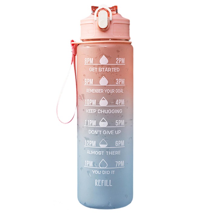 Sticla Portabila Apa, Tritan, Pai Incorporat, Deschidere Automata, Ergonomica, Motivationala, Cupa rezistenta la scurgeri pentru sport in aer liber, fitness, ciclism, Albastru/Portocaliu