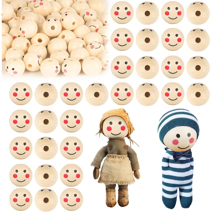 Margele din lemn fata zambitoare, 20mm, 70 buc, din lemn natural cu gaura