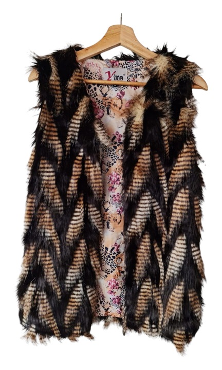 Vesta de dama din blana ecologica cu fermoar si buzunare, negru/maro, poliester, Xs