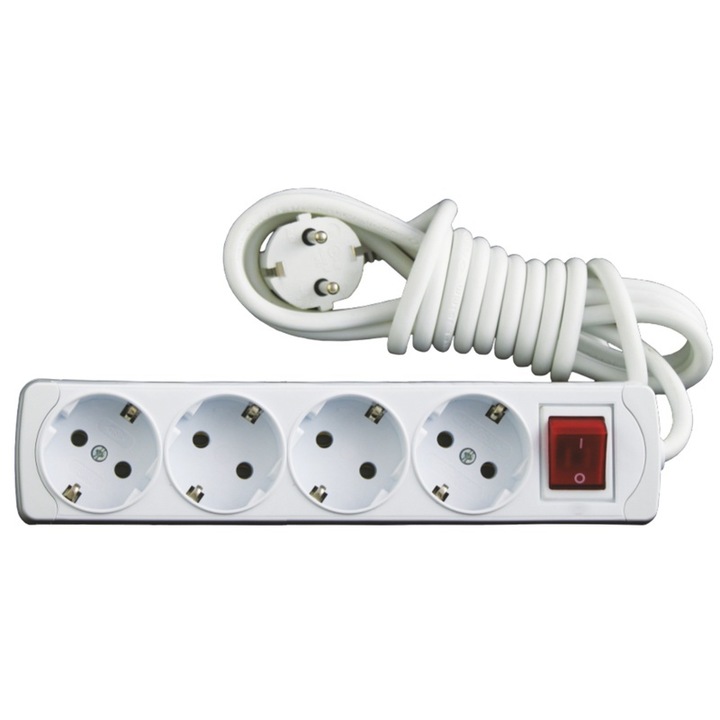 Удължител, с ключ и LED, бял, 7 м, 4 гнезда