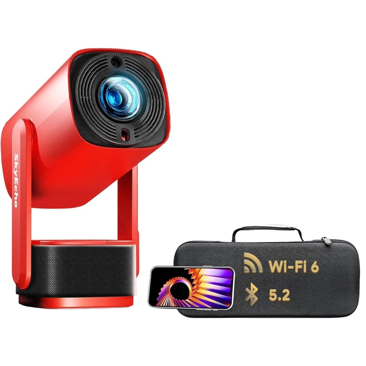 Mini Wi-Fi 6 videoprojektor, Android operációs rendszer, 1080P, Bluetooth 5.2, támogatja a 4K-t, autofókusszal, Keystone korrekció, 350 ANSI lumen, beépített hangszóró, 270°-ban elforgatható, piros