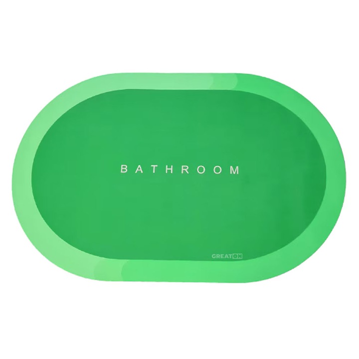 Covoras De Baie GREATON Cu Model Bathroom, Absoarbe Rapid Apa, Baza din Cauciuc Antiderapant, Spalare Manuala, 57 x 38 cm, Culoare Verde Aprins