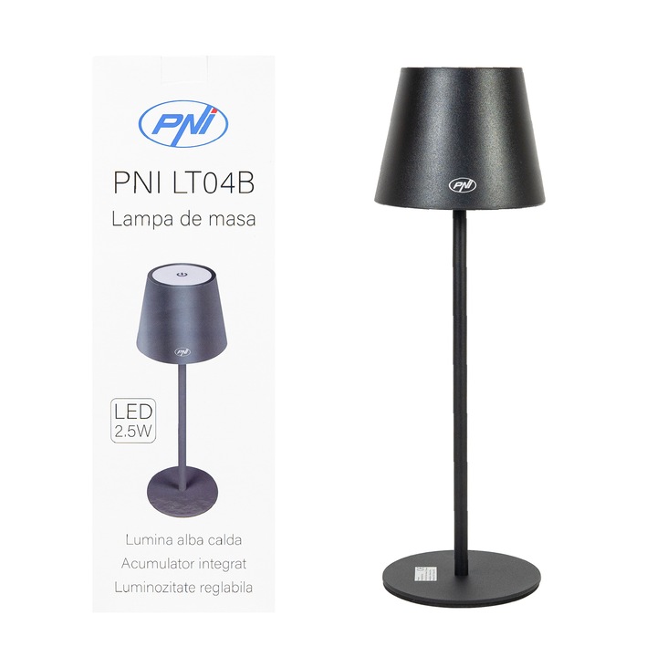 Lampa de masa PNI LT04B cu LED 2.5W, acumulator 1200 mAh, incarcare prin USB-C, 150 lm, lumina alba calda 3000K, buton tactil, dimabil, Negru, Clasa energetica G