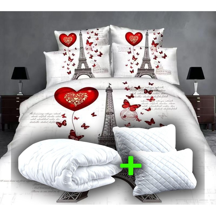Pachet economic lenjerie pat dublu digital print 3D + 2 perne matlasate 50x70 cm + pilota 200x215 cm primavara toamna (P3D1)