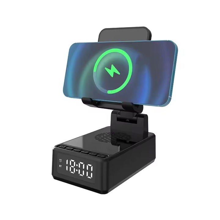 4 az 1-ben vezeték nélküli töltő Bluetooth hangszóróval és állítható telefontartóval, magasságban és szögben összecsukható állvánnyal, ébresztőórával