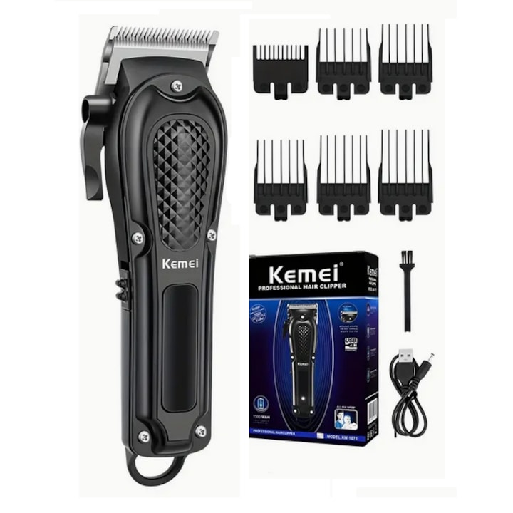 Aparat de tuns profesional Kemei, fara fir, 6 atasamente, cap reglabil, USB, baterie reincarcabila, 4, 5x3, 6x18 cm