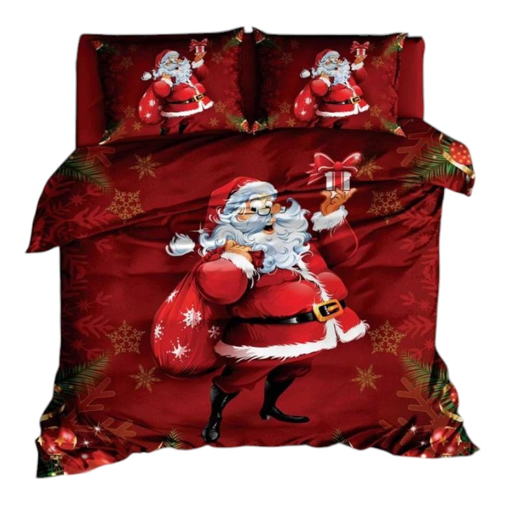 Lenjerie de pat cu model de Craciun, din finet, 6 piese, Rosu cu imprimeu