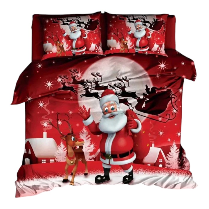 Lenjerie de pat cu model de Craciun, din finet, 6 piese, Rosu cu imprimeu, model L225