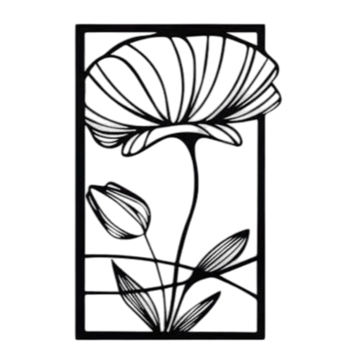 Tablou decorativ mac in flori, 22x13 cm, negru, PLA