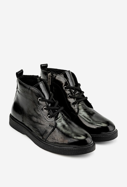 Ghete dama negre din piele lacuita cu siret si fermoar, Negru