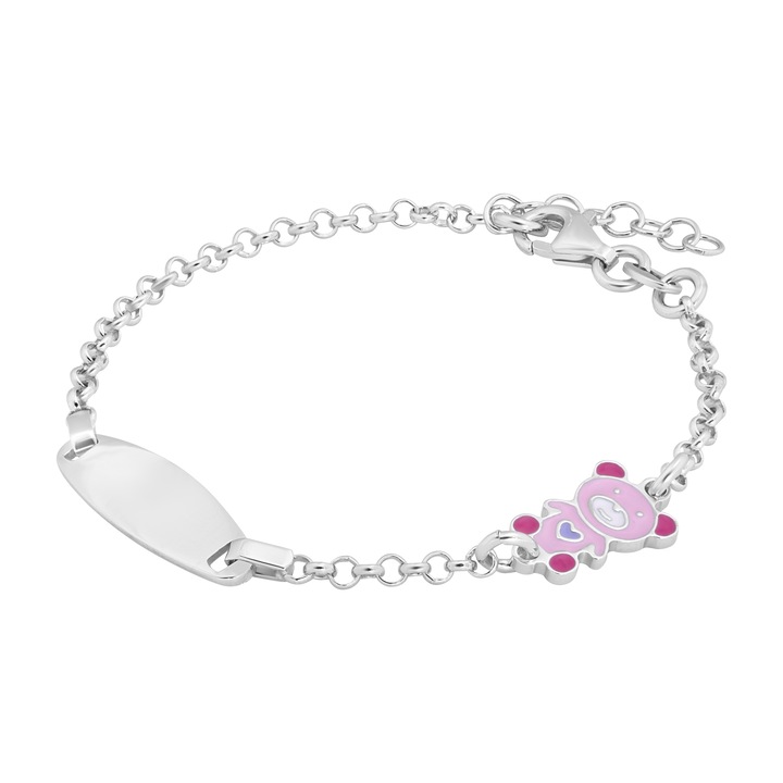 Bratara Pentru Copii cu Ursulet Roz si Placuta din Argint 925, Placata cu Rodiu si Email, Sandra Ferretti