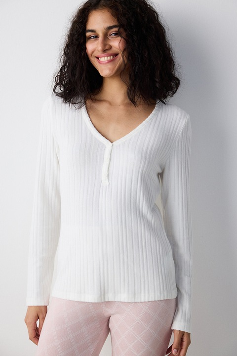 PENTI, Bluza de pijama striata cu decolteu in V, Alb/Roz, XL