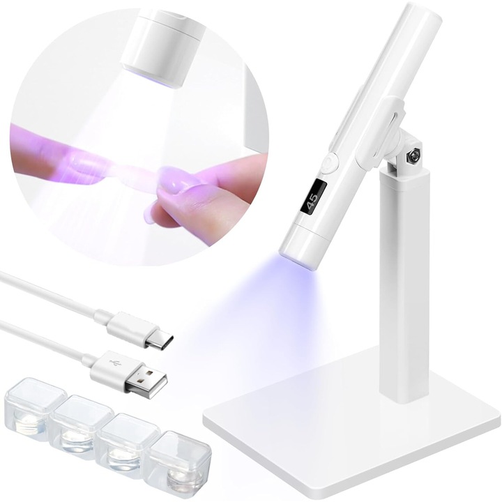 Kit de lumina UV pentru unghii portabil 3 in 1, uscator de unghii cu suport portabil pentru unghii, cu afisaj LCD si temporizator 45s 60s, mini lampa UV LED fara fir pentru unghii pentru bricolaj acasa, cadou pentru femei, alb, 13x9.5x13cm