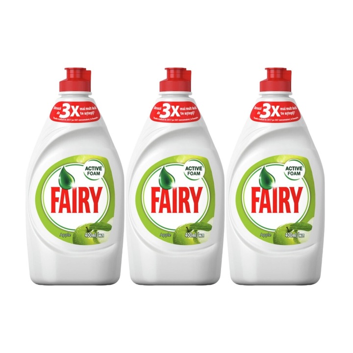 Set 3 x Fairy Detergent Vase Lichid 400ml Apple, fresh aroma, parfum floral, distruge calcarul, rapid si eficient, testat dermatologic, prospetime de lunga durata, eficacitate maxima, continut generos, elimina mirosuri neplacute