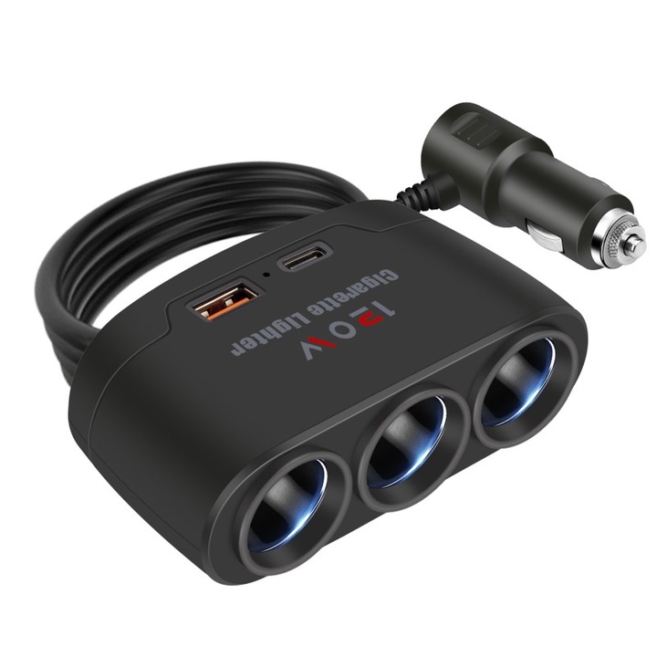Adaptor priza bricheta auto cu 3 iesiri, Rqiurpn, 1 x USB-C, 1 x USB, Putere 120W, Alimentare DC 12-24V, Calitate Premium, Negru