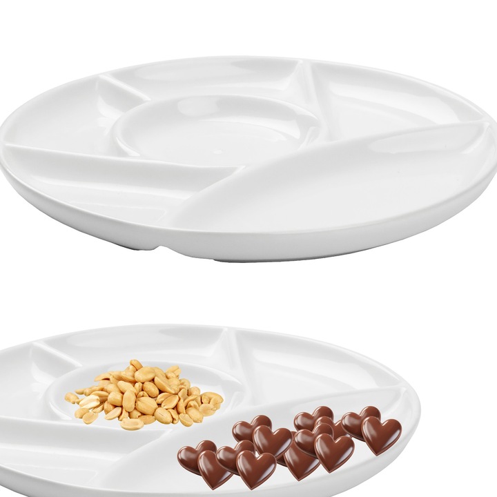 Platou pentru servire gustari 23cm, farfurie compartimentata, portelan, alb