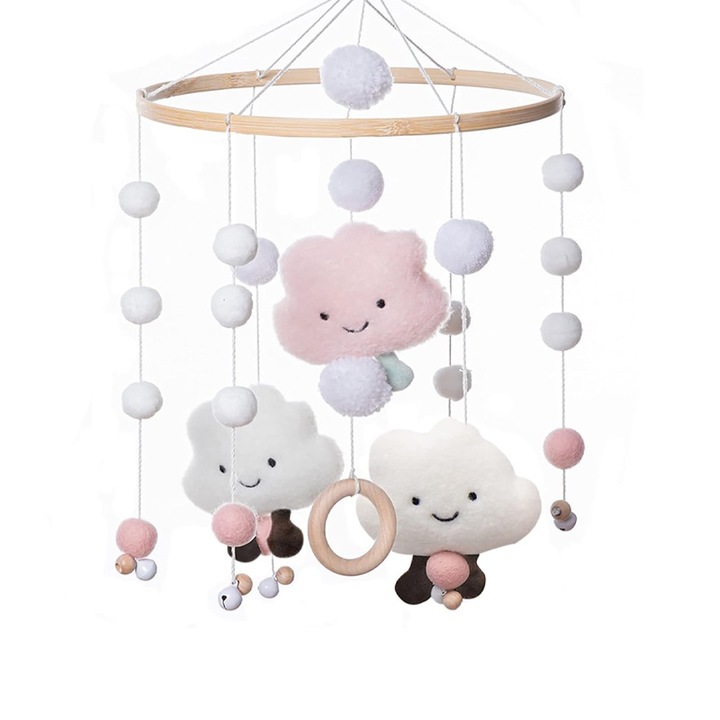 Rqiurpn kiságy körhinta, felhőmintás, fa/pamut/filc, sokszínű