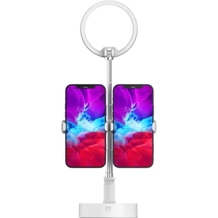 Gyűrűs lámpa, kettős bilincstartó két telefonhoz vagy egy táblagéphez, érzékeny fényvezérlés, hordozható, összecsukható kisállvány