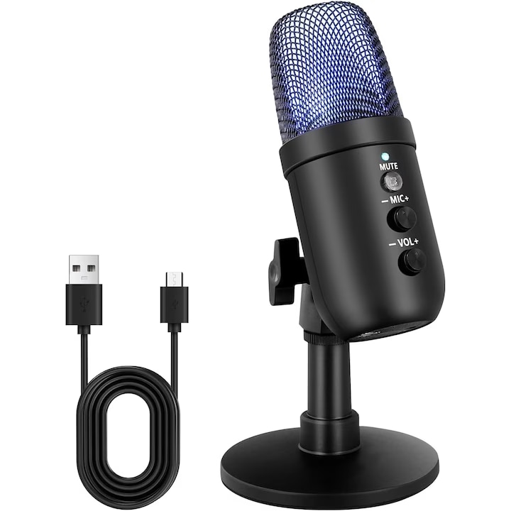 Кондензаторен микрофон, RGB светлина, кардиоиден, USB, намаляване на фоновия шум, за игри, запис, стрийминг, гъвкава настройка, съвместим с Win/Mac, черен