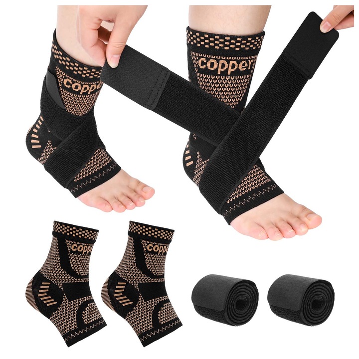 Set 2 Suporturi Compresive pentru Glezna, SINBINTA, Suport pentru glezna, Suport pentru glezna cu compresie din material respirabil, Sosete de compresie pentru glezna cu fir de cupru, pentru Alinarea Durerilor de Picioare, Marime M, Negru/Portocaliu