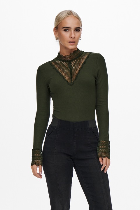 Only, Bluza cu insertii din dantela Tilde, Verde padure