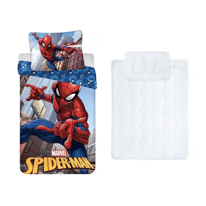 Set cuvertura de pat si pilota/Perne, Home Party Service Kft, Spiderman 100x135 cm 40x60 cm