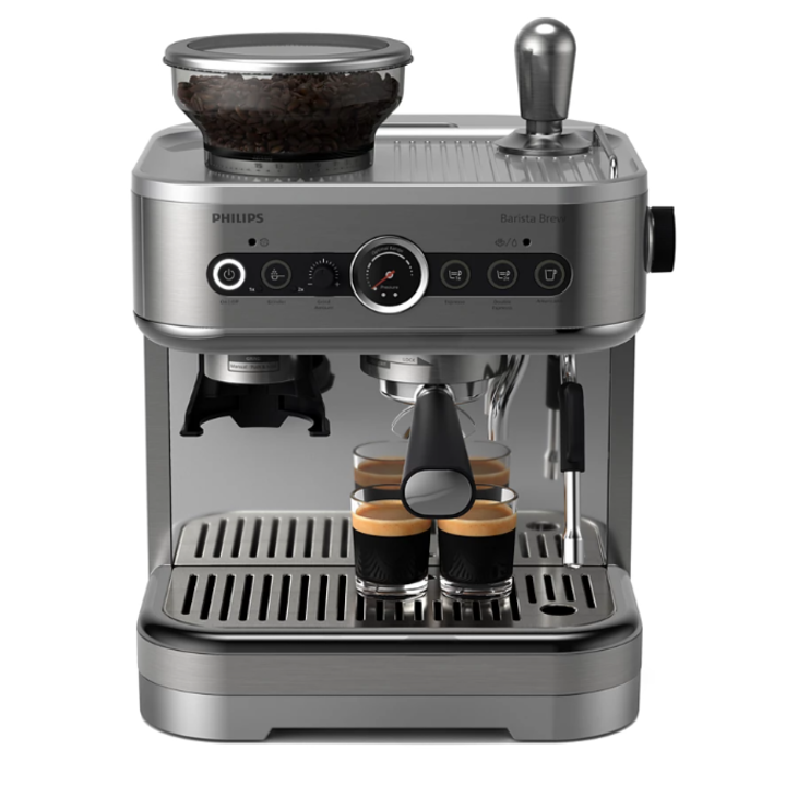 Espressor Philips Barista Brew PSA3218/01 semi-automat cu rasnita conica metalica, 15 bari, Recipient boabe de 250g, Sigiliu premium calibrat, Vas lapte Temperature Perfection, Portfiltru din otel inoxidabil de 58 mm, metalic argintiu