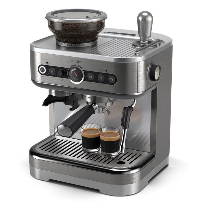 Espressor Philips Barista Brew PSA3218/01 semi-automat cu rasnita conica metalica, 15 bari, Recipient boabe de 250g, Sigiliu premium calibrat, Vas lapte Temperature Perfection, Por