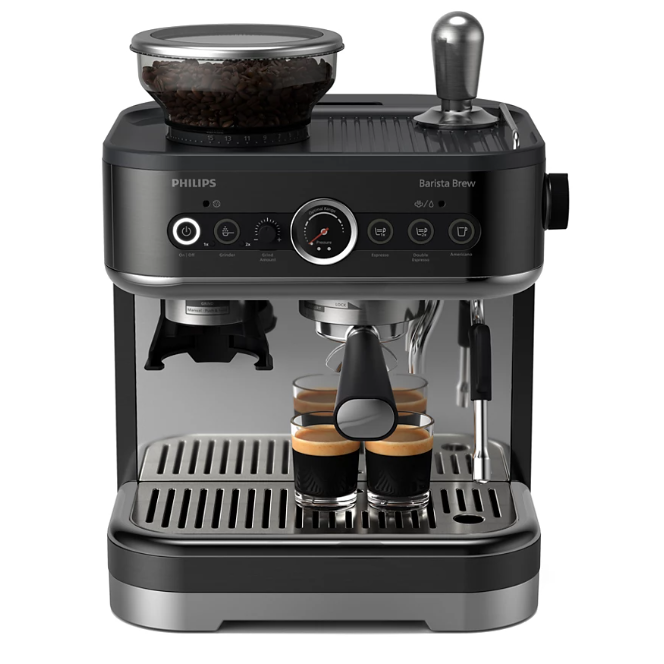 Espressor Philips Barista Brew PSA3218/10 semi-automat cu rasnita conica metalica, 15 bari, Recipient boabe de 250g, Sigiliu premium calibrat, Vas lapte Temperature Perfection, Por