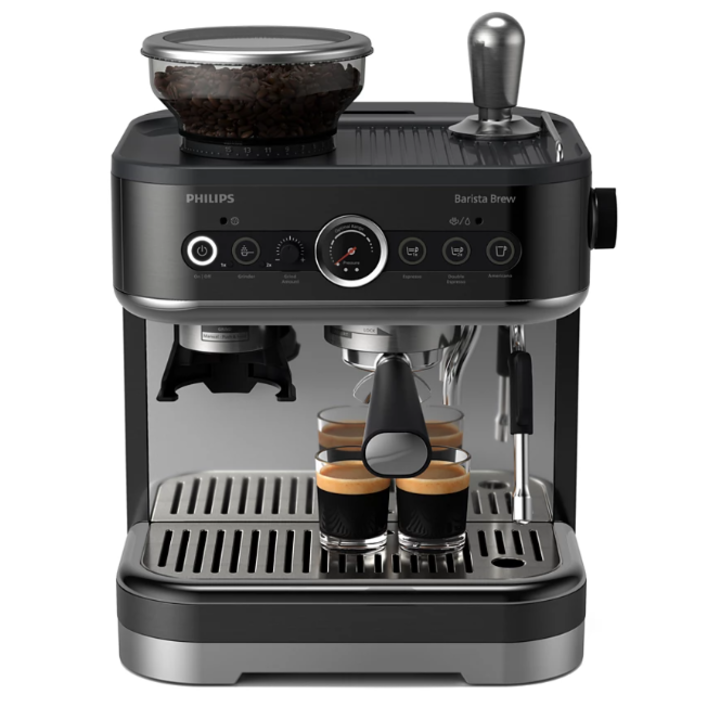 Espressor Philips Barista Brew PSA3218/10 semi-automat cu rasnita conica metalica, 15 bari, Recipient boabe de 250g, Sigiliu premium calibrat, Vas lapte Temperature Perfection, Portfiltru din otel inoxidabil de 58 mm, metalic negru