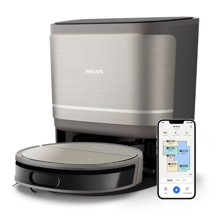 Philips XU9100/10 Seria 9000 robotporszívó, Porszívózás és mosás PowerCyclone Aqua technológiával, 280 perc üzemidő, Automatikus ürítő és tisztító állomás, HEPA szűrő, Rejtett D-ToF lézeres navigáció, Kis akadályok észlelése